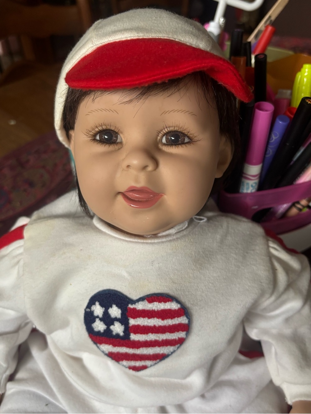 White and Red Baby Doll with Heart Flag Outfit - Kids Toys